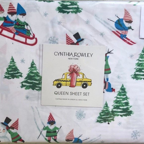 CYNTHIA ROWLEY Queen Size Sheet Set Christmas Gnomes Trees Snowman Holiday Elves